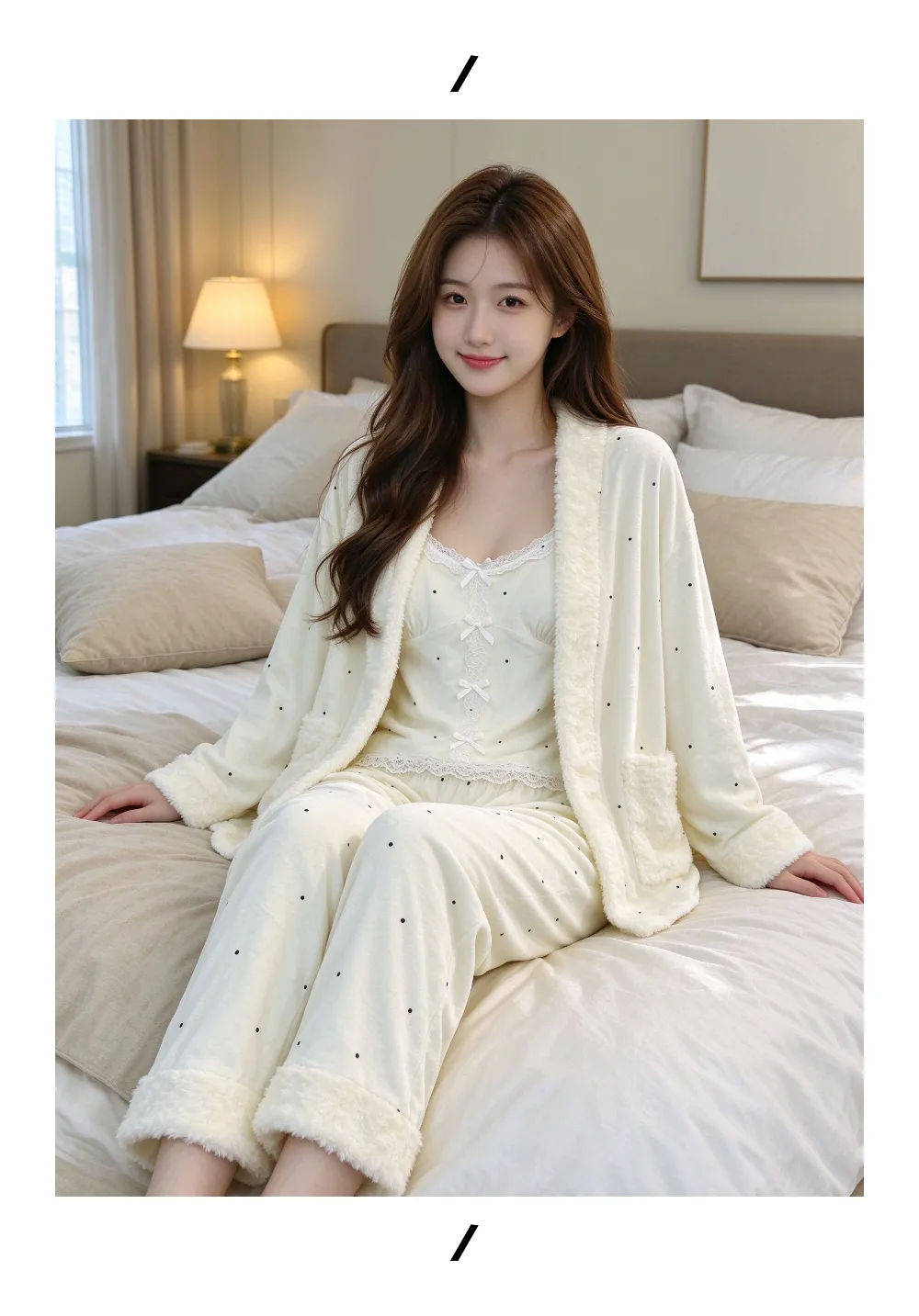 Pyjama trois pièces en velours polaire islandais épais pour femme, dentelle, manches longues, peluche, tenue d'intérieur, pois, blanc cassé, hiver · Grossiste · OEM · Mondial - Detail 11