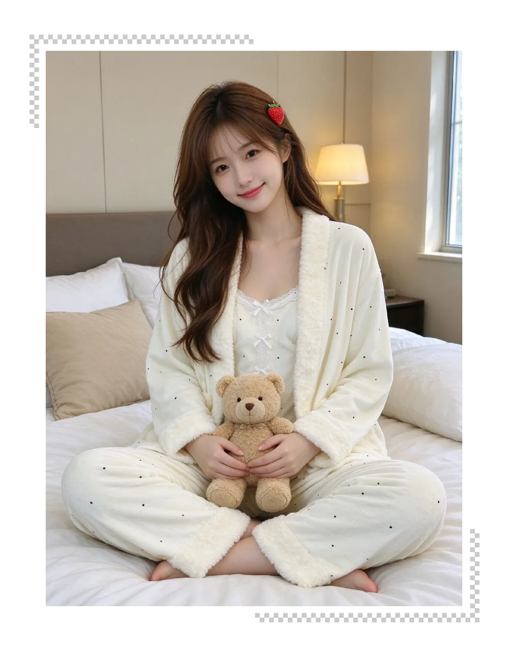 Pyjama trois pièces en velours polaire islandais épais pour femme, dentelle, manches longues, peluche, tenue d'intérieur, pois, blanc cassé, hiver · Grossiste · OEM · Mondial - Detail 14