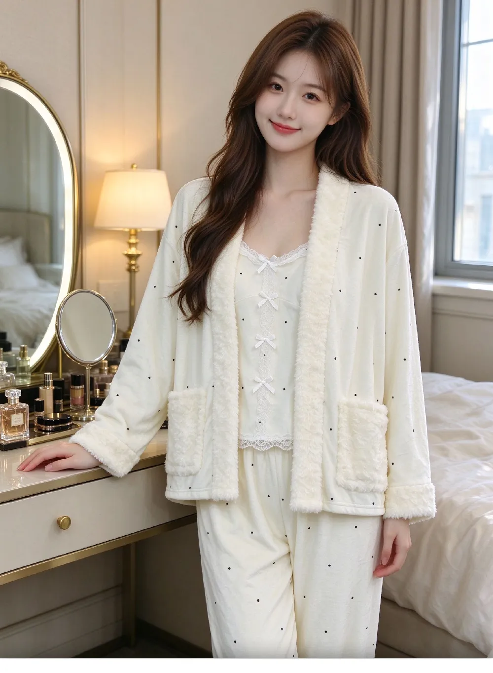 Pyjama trois pièces en velours polaire islandais épais pour femme, dentelle, manches longues, peluche, tenue d'intérieur, pois, blanc cassé, hiver · Grossiste · OEM · Mondial - Detail 12
