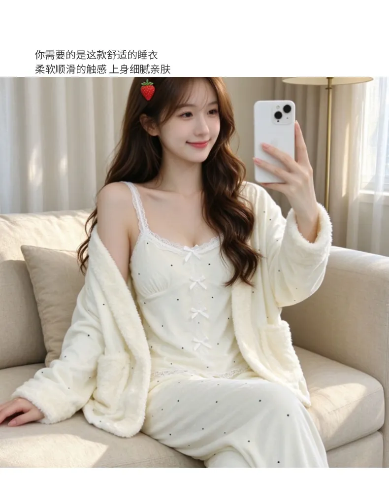 Pyjama trois pièces en velours polaire islandais épais pour femme, dentelle, manches longues, peluche, tenue d'intérieur, pois, blanc cassé, hiver · Grossiste · OEM · Mondial - Detail 3