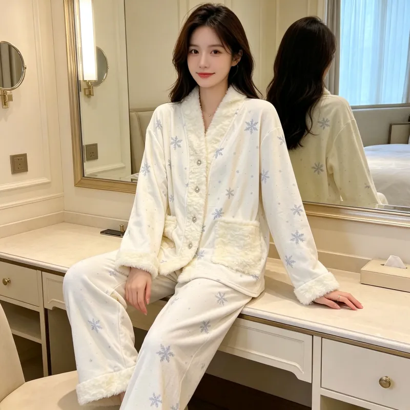Piyama Wanita Bulu Pulau Musim Dingin Tebal Plush Dua Sisi Hangat Lengan Panjang Celana Panjang Set Kepingan Salju Hangat Pakaian Rumah · Grosir · OEM · Pengiriman Global - Detail 1