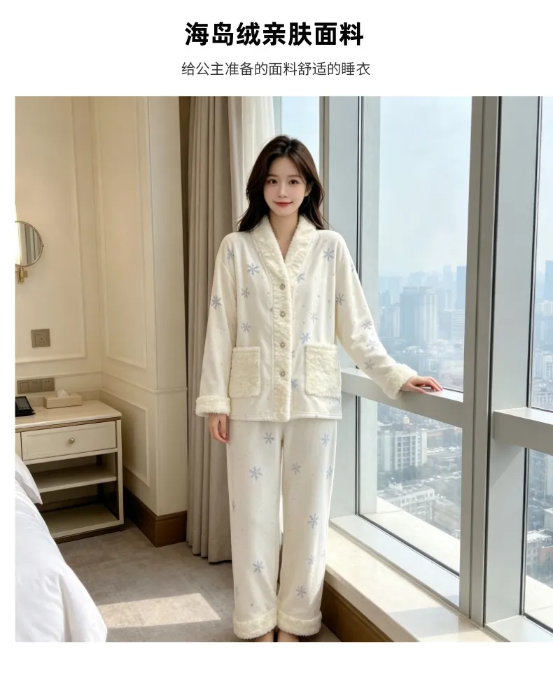 Piyama Wanita Bulu Pulau Musim Dingin Tebal Plush Dua Sisi Hangat Lengan Panjang Celana Panjang Set Kepingan Salju Hangat Pakaian Rumah · Grosir · OEM · Pengiriman Global - Detail 6
