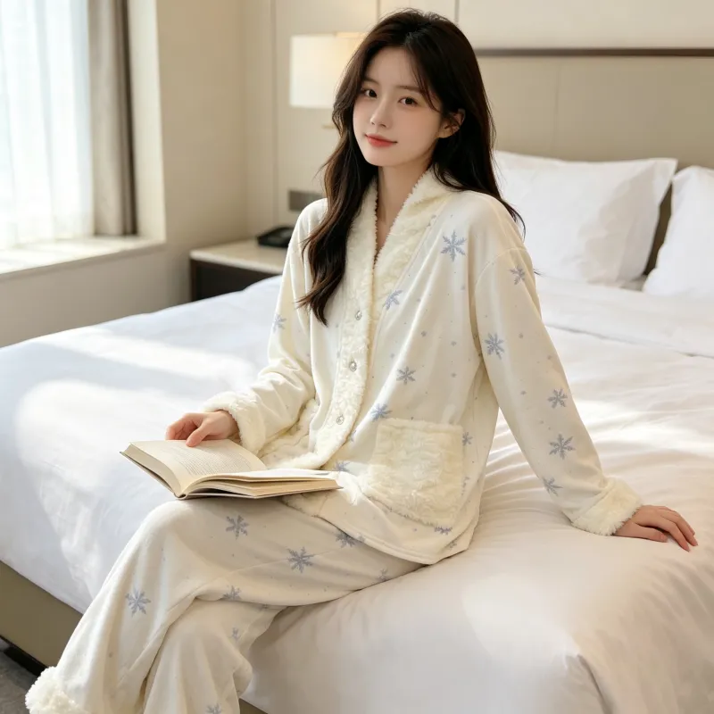 Piyama Wanita Bulu Pulau Musim Dingin Tebal Plush Dua Sisi Hangat Lengan Panjang Celana Panjang Set Kepingan Salju Hangat Pakaian Rumah · Grosir · OEM · Pengiriman Global - View 3