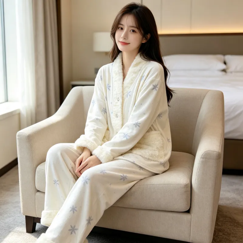 Piyama Wanita Bulu Pulau Musim Dingin Tebal Plush Dua Sisi Hangat Lengan Panjang Celana Panjang Set Kepingan Salju Hangat Pakaian Rumah · Grosir · OEM · Pengiriman Global - View 1