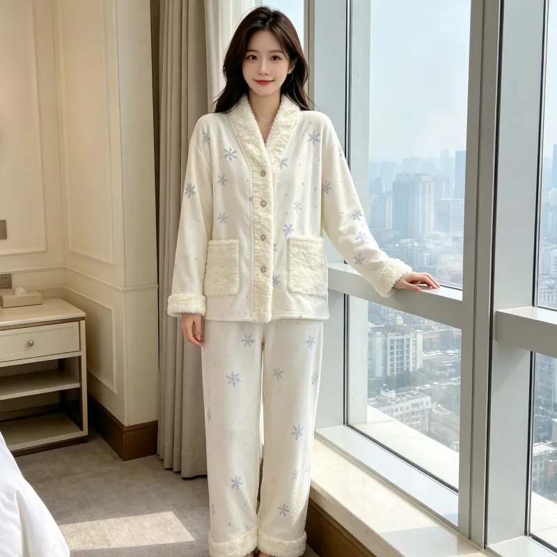 Piyama Wanita Bulu Pulau Musim Dingin Tebal Plush Dua Sisi Hangat Lengan Panjang Celana Panjang Set Kepingan Salju Hangat Pakaian Rumah · Grosir · OEM · Pengiriman Global - View 4
