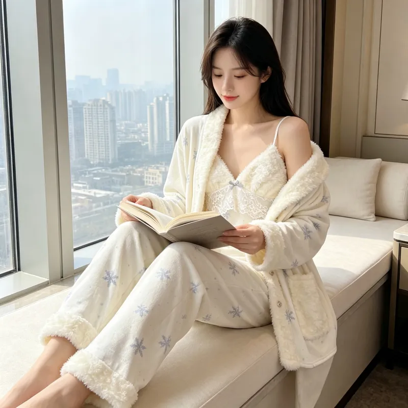 Ensemble pyjama trois pièces femme en velours polaire épais île pour l'hiver, dentelle, manches longues, peluche, tenue d'intérieur, motif flocon de neige · Grossiste · OEM · Mondial - View 3