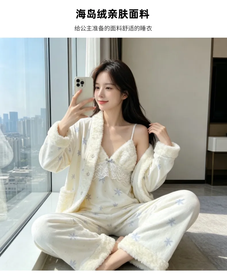 Ensemble pyjama trois pièces femme en velours polaire épais île pour l'hiver, dentelle, manches longues, peluche, tenue d'intérieur, motif flocon de neige · Grossiste · OEM · Mondial - Detail 14