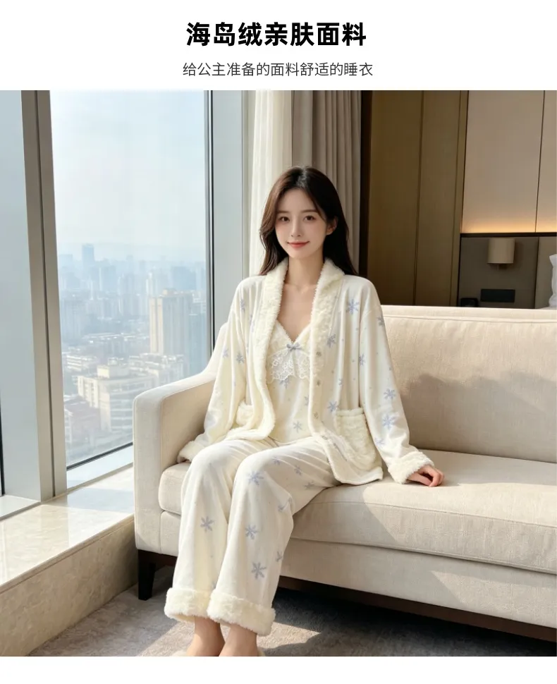 Ensemble pyjama trois pièces femme en velours polaire épais île pour l'hiver, dentelle, manches longues, peluche, tenue d'intérieur, motif flocon de neige · Grossiste · OEM · Mondial - Detail 6