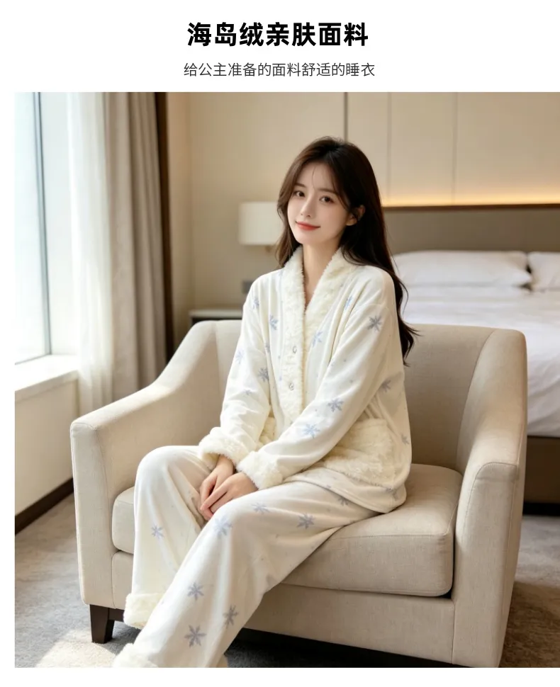 Ensemble pyjama trois pièces femme en velours polaire épais île pour l'hiver, dentelle, manches longues, peluche, tenue d'intérieur, motif flocon de neige · Grossiste · OEM · Mondial - Detail 8