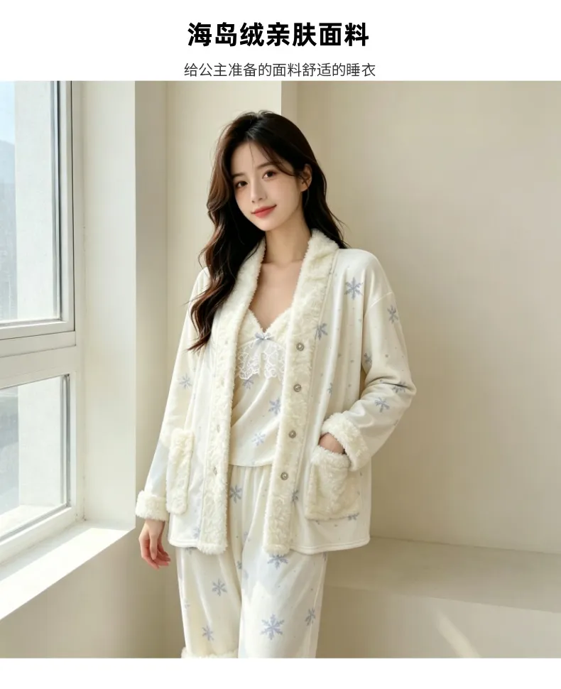 Ensemble pyjama trois pièces femme en velours polaire épais île pour l'hiver, dentelle, manches longues, peluche, tenue d'intérieur, motif flocon de neige · Grossiste · OEM · Mondial - Detail 4