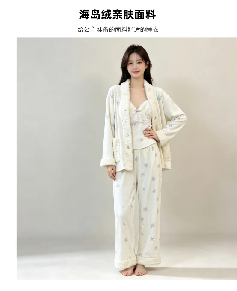 Ensemble pyjama trois pièces femme en velours polaire épais île pour l'hiver, dentelle, manches longues, peluche, tenue d'intérieur, motif flocon de neige · Grossiste · OEM · Mondial - Detail 17