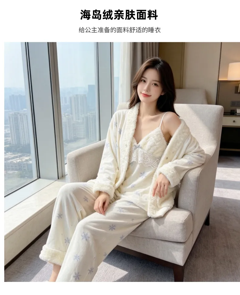 Ensemble pyjama trois pièces femme en velours polaire épais île pour l'hiver, dentelle, manches longues, peluche, tenue d'intérieur, motif flocon de neige · Grossiste · OEM · Mondial - Detail 12