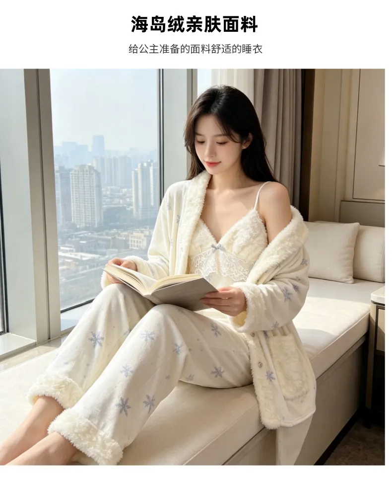 Ensemble pyjama trois pièces femme en velours polaire épais île pour l'hiver, dentelle, manches longues, peluche, tenue d'intérieur, motif flocon de neige · Grossiste · OEM · Mondial - Detail 16