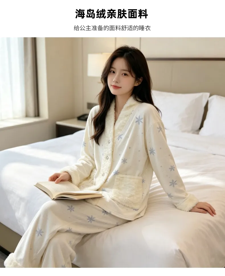 Ensemble pyjama trois pièces femme en velours polaire épais île pour l'hiver, dentelle, manches longues, peluche, tenue d'intérieur, motif flocon de neige · Grossiste · OEM · Mondial - Detail 9