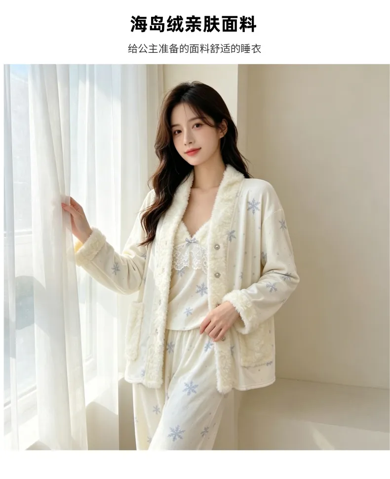 Ensemble pyjama trois pièces femme en velours polaire épais île pour l'hiver, dentelle, manches longues, peluche, tenue d'intérieur, motif flocon de neige · Grossiste · OEM · Mondial - Detail 19