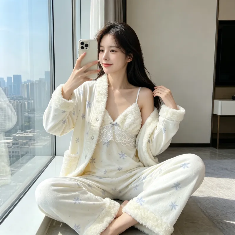 Ensemble pyjama trois pièces femme en velours polaire épais île pour l'hiver, dentelle, manches longues, peluche, tenue d'intérieur, motif flocon de neige · Grossiste · OEM · Mondial - View 1