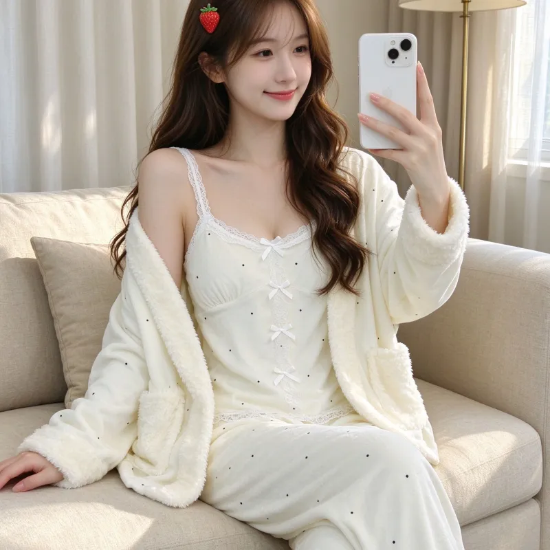 Ensemble pyjama trois pièces femme en velours polaire épais île pour l'hiver, dentelle, manches longues, peluche, tenue d'intérieur, motif flocon de neige · Grossiste · OEM · Mondial - Detail 1
