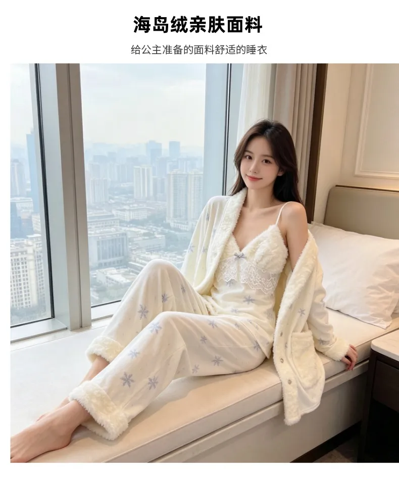 Ensemble pyjama trois pièces femme en velours polaire épais île pour l'hiver, dentelle, manches longues, peluche, tenue d'intérieur, motif flocon de neige · Grossiste · OEM · Mondial - Detail 18