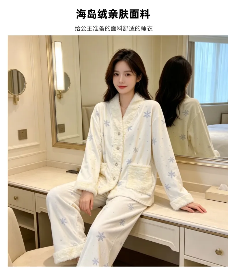 Ensemble pyjama trois pièces femme en velours polaire épais île pour l'hiver, dentelle, manches longues, peluche, tenue d'intérieur, motif flocon de neige · Grossiste · OEM · Mondial - Detail 10
