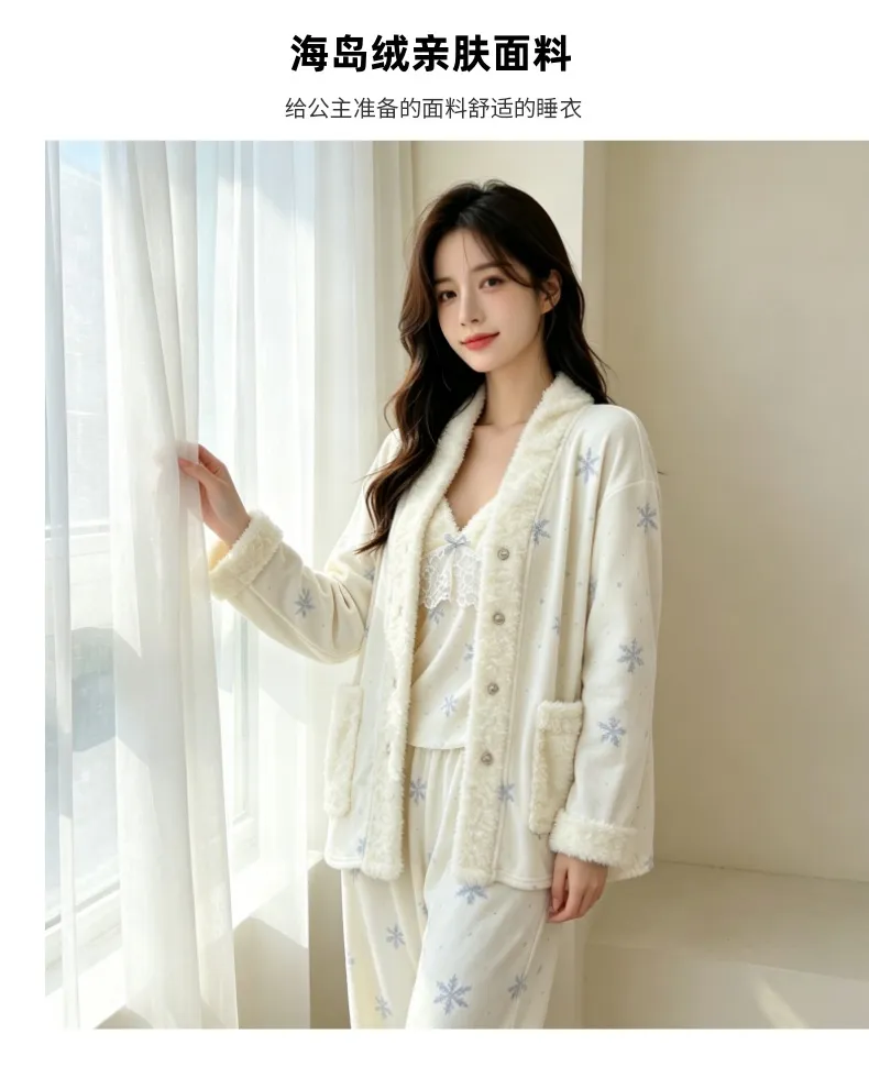 Ensemble pyjama trois pièces femme en velours polaire épais île pour l'hiver, dentelle, manches longues, peluche, tenue d'intérieur, motif flocon de neige · Grossiste · OEM · Mondial - Detail 5