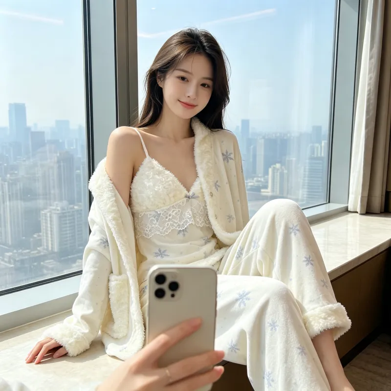 Ensemble pyjama trois pièces femme en velours polaire épais île pour l'hiver, dentelle, manches longues, peluche, tenue d'intérieur, motif flocon de neige · Grossiste · OEM · Mondial - View 2