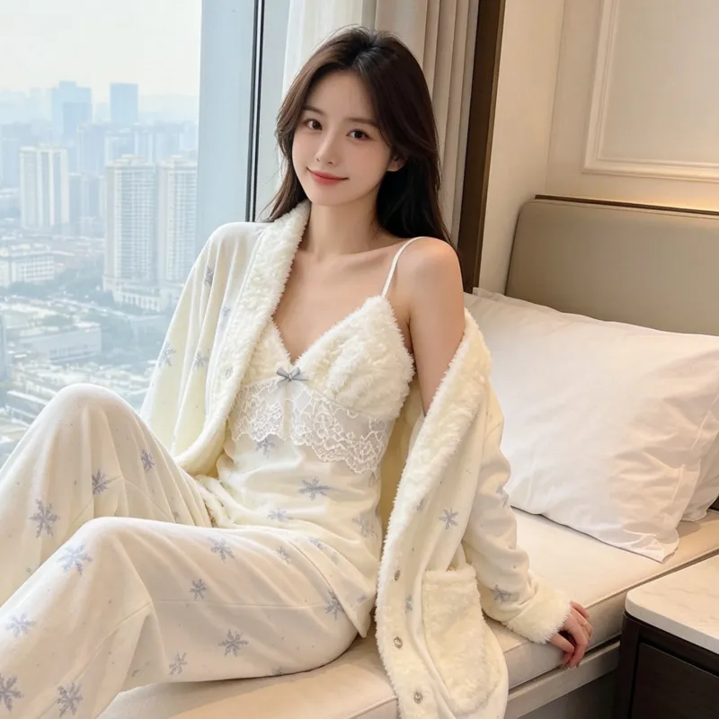 Ensemble pyjama trois pièces femme en velours polaire épais île pour l'hiver, dentelle, manches longues, peluche, tenue d'intérieur, motif flocon de neige · Grossiste · OEM · Mondial - View 4