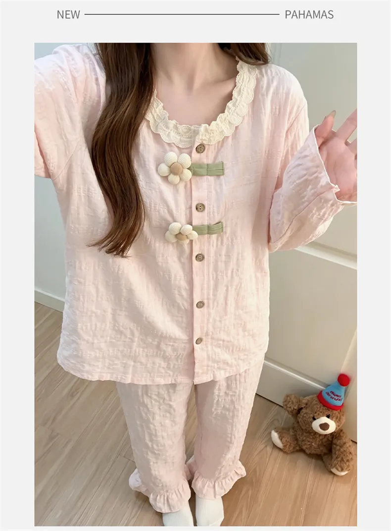 Nouveauté automne 2026, pyjama femme en coton nuage, manches longues et pantalon long, ensemble de maison doux et confortable · Grossiste · OEM · Mondial - Detail 11