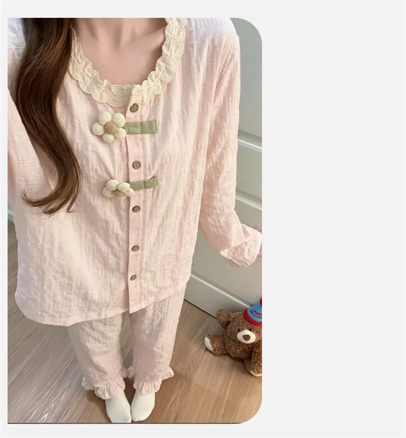 Nouveauté automne 2026, pyjama femme en coton nuage, manches longues et pantalon long, ensemble de maison doux et confortable · Grossiste · OEM · Mondial - Detail 14