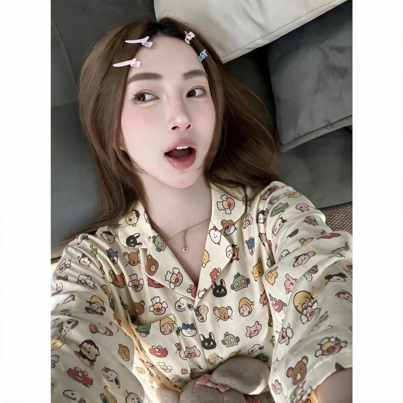 봄가을 카툰 프린트 칼라 오픈 카디건 파자마 여성 긴팔 홈웨어 외출 가능 투피스 · 도매 · OEM · 전 세계 배송 - View 4