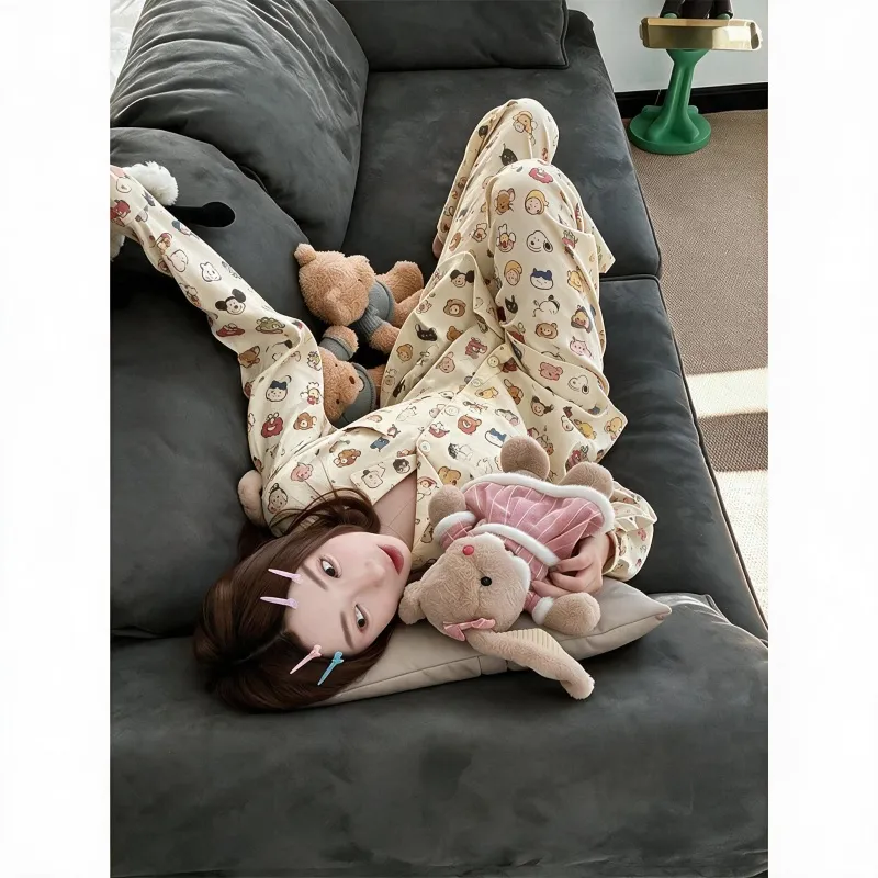 봄가을 카툰 프린트 칼라 오픈 카디건 파자마 여성 긴팔 홈웨어 외출 가능 투피스 · 도매 · OEM · 전 세계 배송 - View 1