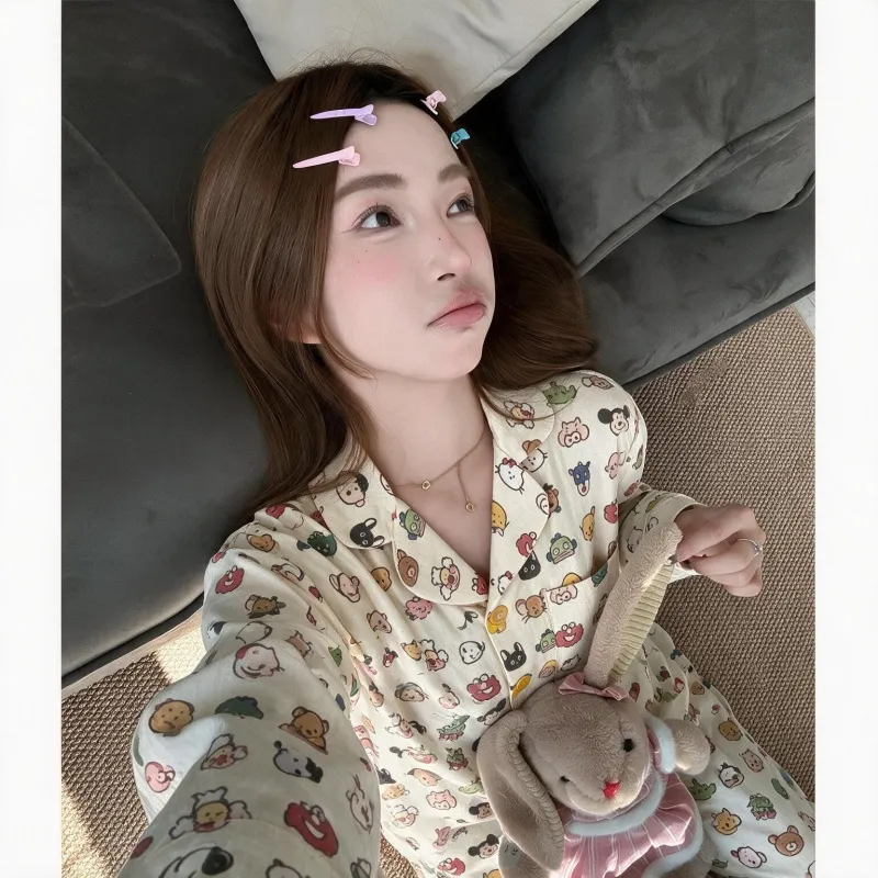 봄가을 카툰 프린트 칼라 오픈 카디건 파자마 여성 긴팔 홈웨어 외출 가능 투피스 · 도매 · OEM · 전 세계 배송 - Detail 4
