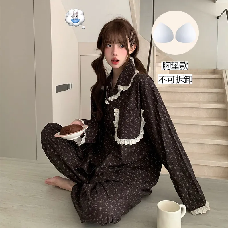 Spring Autumn Plus Size Allover Floral Print Long Sleeve Long Pants Pajamas Women Loungewear Lapel Collar Two-Piece Set · Wholesale · OEM · Worldwide Shipping - Detail 2