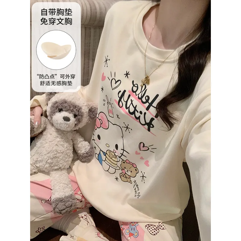 Cotton-Like Pajamas Women Autumn Winter New with Chest Pad Sweet Girl Cartoon Long Sleeve Outer Wear Student Homewear Set · Wholesale · OEM · Worldwide Shipping - View 3