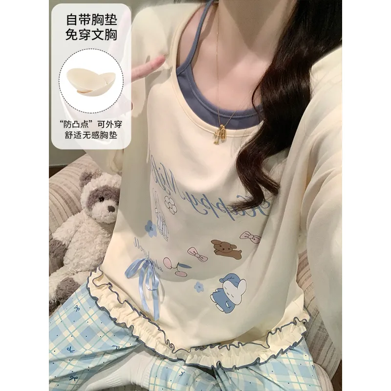 Cotton-Like Pajamas Women Autumn Winter New with Chest Pad Sweet Girl Cartoon Long Sleeve Outer Wear Student Homewear Set · Wholesale · OEM · Worldwide Shipping - View 4