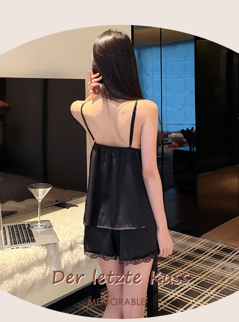 Summer Light Luxury French-Style Heavy-Craft Feather-Trimmed Pajama Camisole with Chest Pad and Shorts Premium Ice Snow Silk Nightdress · Wholesale · OEM · Worldwide Shipping - Detail 32