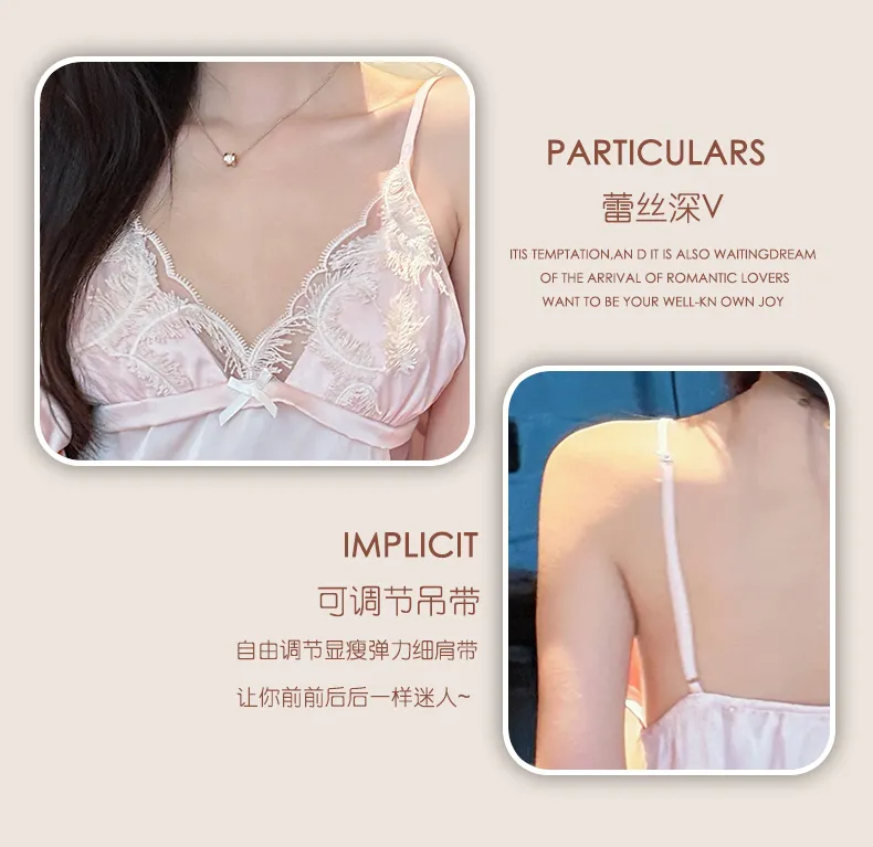 Summer Light Luxury French-Style Heavy-Craft Feather-Trimmed Pajama Camisole with Chest Pad and Shorts Premium Ice Snow Silk Nightdress · Wholesale · OEM · Worldwide Shipping - Detail 18