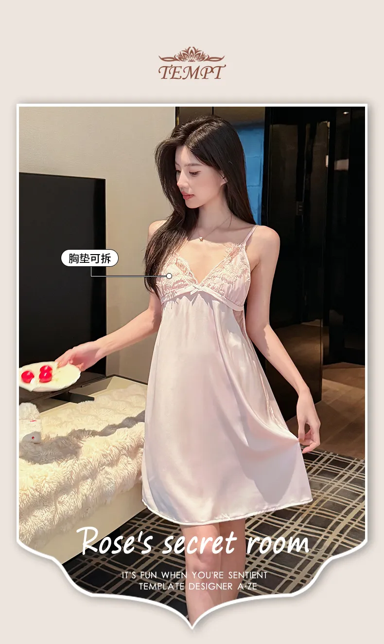 Summer Light Luxury French-Style Heavy-Craft Feather-Trimmed Pajama Camisole with Chest Pad and Shorts Premium Ice Snow Silk Nightdress · Wholesale · OEM · Worldwide Shipping - Detail 3