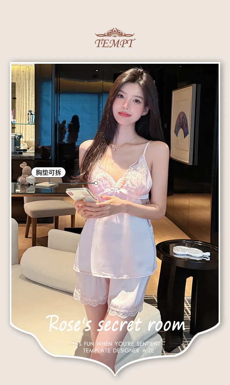 Summer Light Luxury French-Style Heavy-Craft Feather-Trimmed Pajama Camisole with Chest Pad and Shorts Premium Ice Snow Silk Nightdress · Wholesale · OEM · Worldwide Shipping - Detail 16