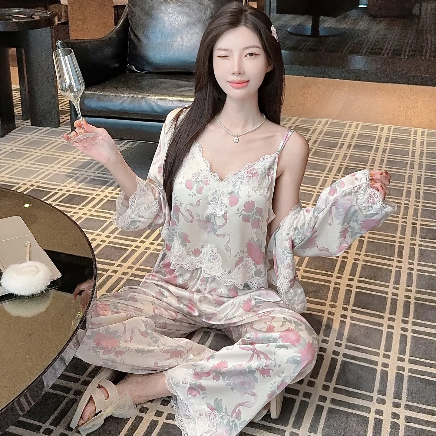 Live-streaming Bestseller Ice Silk Floral Pajamas Women's Pure Desire Style Rose Summer Slimming Wearable Outside Loungewear · Wholesale · OEM · Worldwide Shipping - View 2