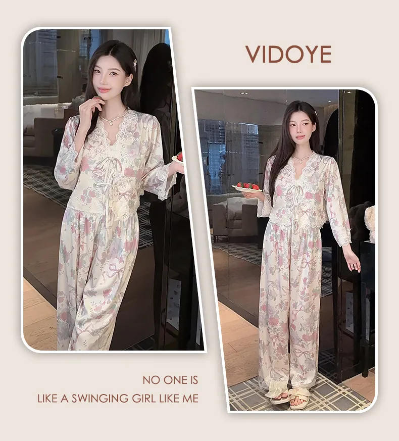 Live-streaming Bestseller Ice Silk Floral Pajamas Women's Pure Desire Style Rose Summer Slimming Wearable Outside Loungewear · Wholesale · OEM · Worldwide Shipping - Detail 22