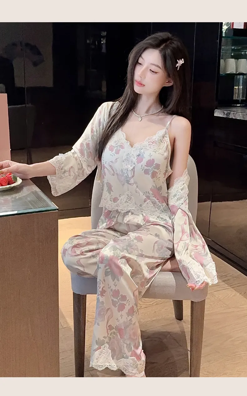 Live-streaming Bestseller Ice Silk Floral Pajamas Women's Pure Desire Style Rose Summer Slimming Wearable Outside Loungewear · Wholesale · OEM · Worldwide Shipping - Detail 28