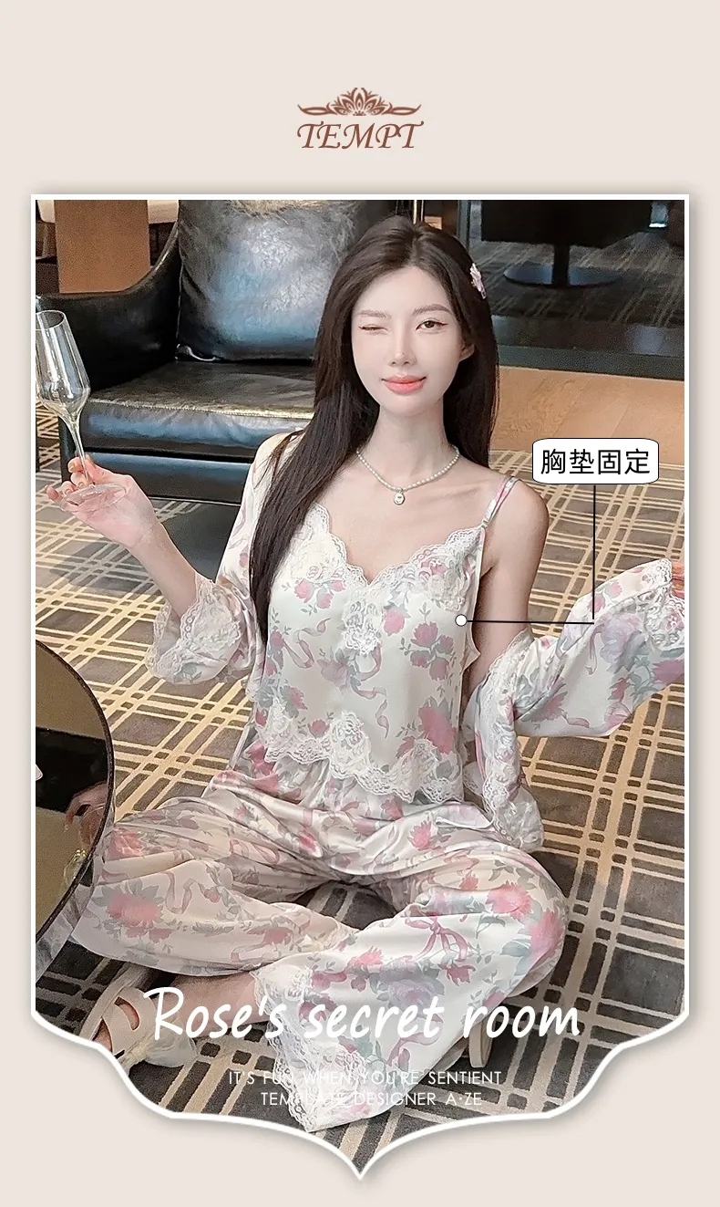Live-streaming Bestseller Ice Silk Floral Pajamas Women's Pure Desire Style Rose Summer Slimming Wearable Outside Loungewear · Wholesale · OEM · Worldwide Shipping - Detail 17