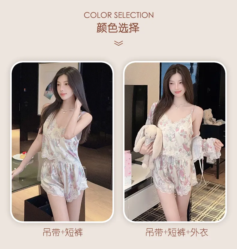 Live-streaming Bestseller Ice Silk Floral Pajamas Women's Pure Desire Style Rose Summer Slimming Wearable Outside Loungewear · Wholesale · OEM · Worldwide Shipping - Detail 5