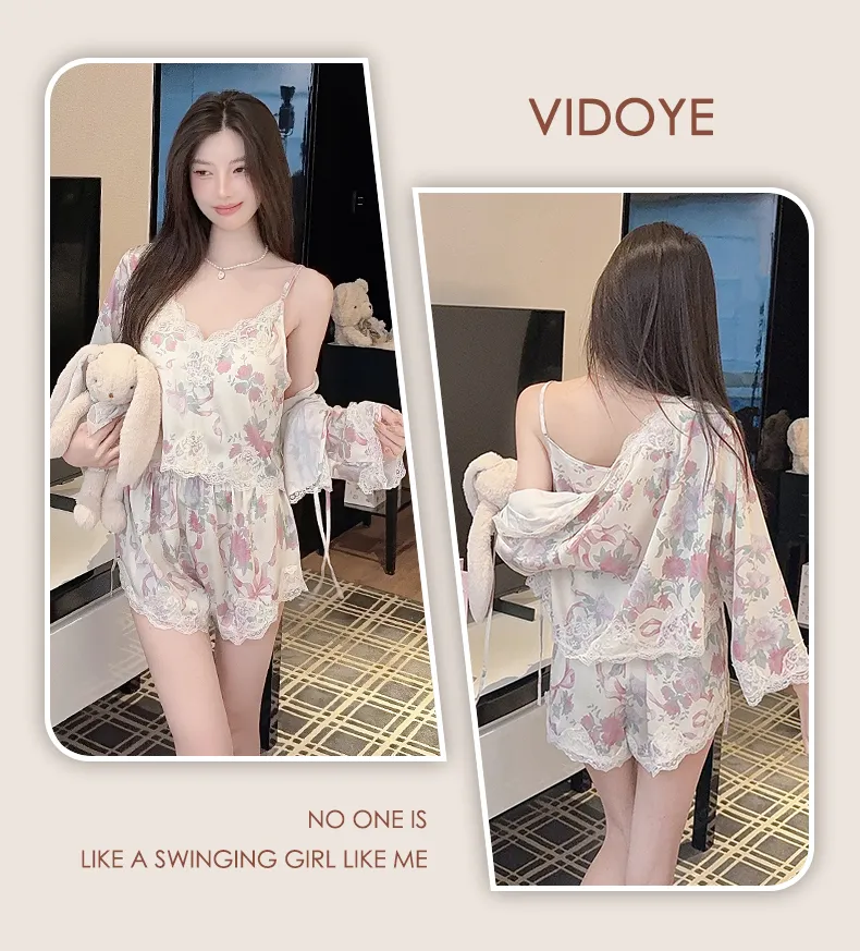 Live-streaming Bestseller Ice Silk Floral Pajamas Women's Pure Desire Style Rose Summer Slimming Wearable Outside Loungewear · Wholesale · OEM · Worldwide Shipping - Detail 10