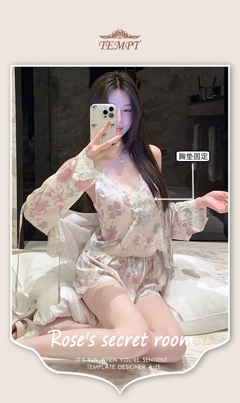 Live-streaming Bestseller Ice Silk Floral Pajamas Women's Pure Desire Style Rose Summer Slimming Wearable Outside Loungewear · Wholesale · OEM · Worldwide Shipping - Detail 1