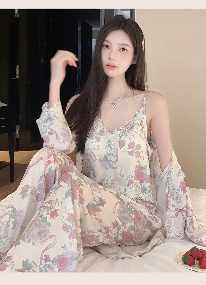 Live-streaming Bestseller Ice Silk Floral Pajamas Women's Pure Desire Style Rose Summer Slimming Wearable Outside Loungewear · Wholesale · OEM · Worldwide Shipping - Detail 25