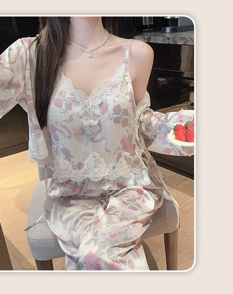 Live-streaming Bestseller Ice Silk Floral Pajamas Women's Pure Desire Style Rose Summer Slimming Wearable Outside Loungewear · Wholesale · OEM · Worldwide Shipping - Detail 23