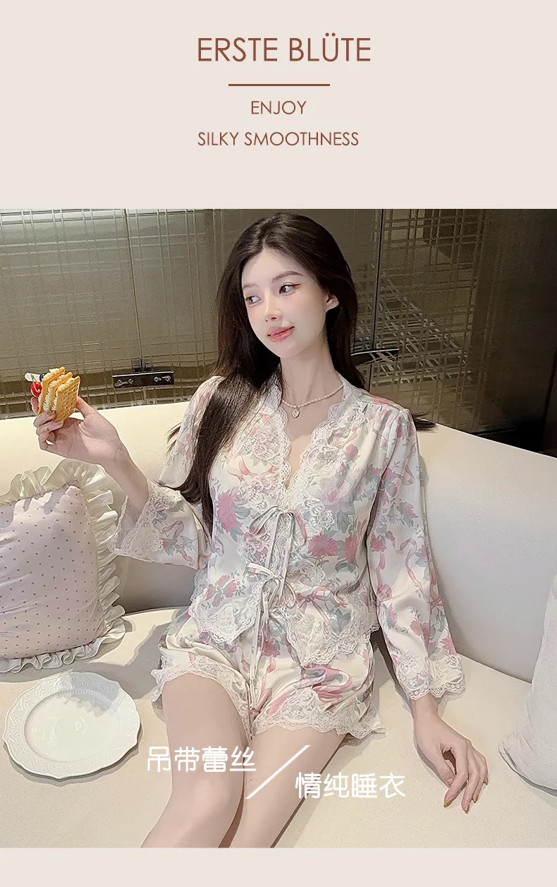 Live-streaming Bestseller Ice Silk Floral Pajamas Women's Pure Desire Style Rose Summer Slimming Wearable Outside Loungewear · Wholesale · OEM · Worldwide Shipping - Detail 9