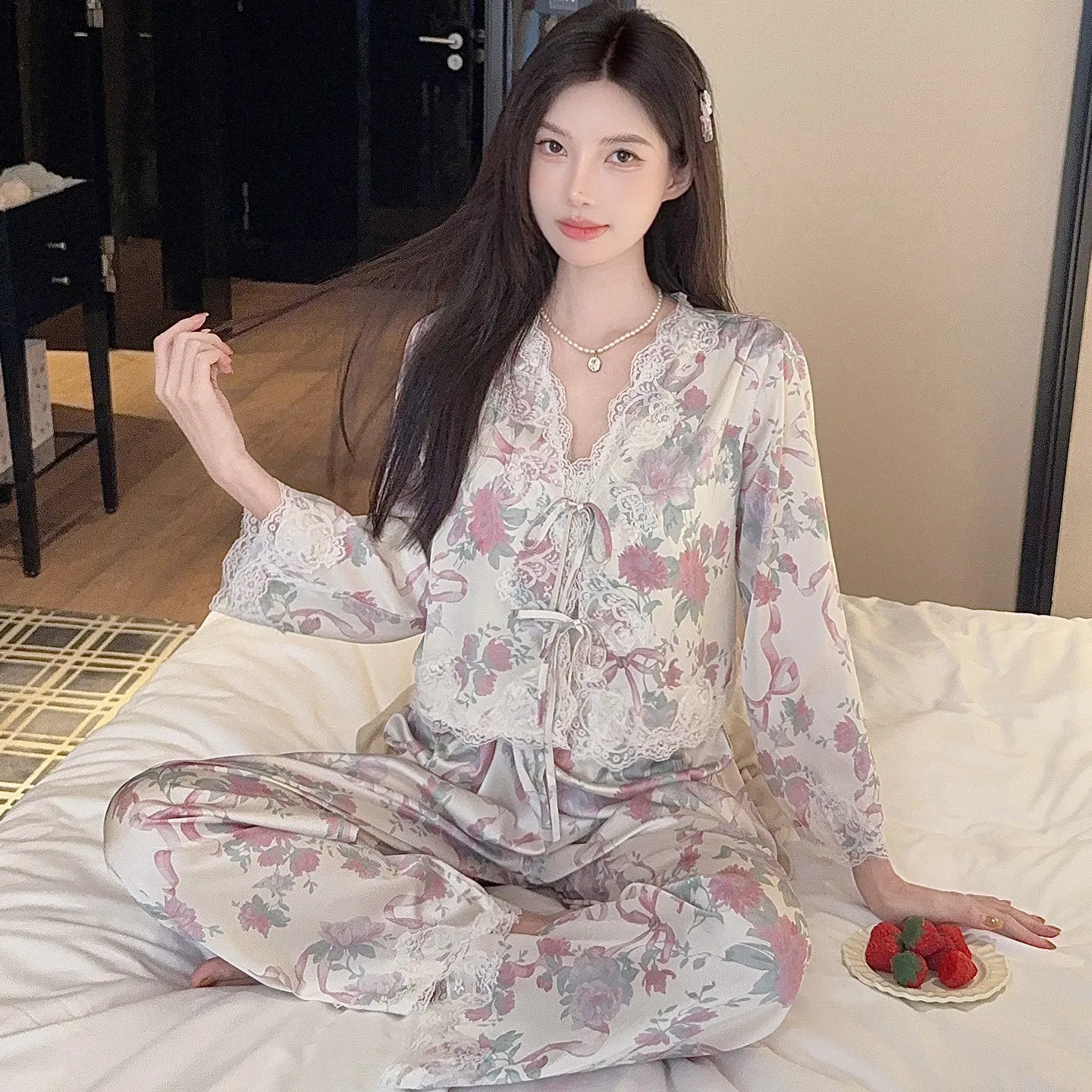 Live-streaming Bestseller Ice Silk Floral Pajamas Women's Pure Desire Style Rose Summer Slimming Wearable Outside Loungewear · Wholesale · OEM · Worldwide Shipping - View 1
