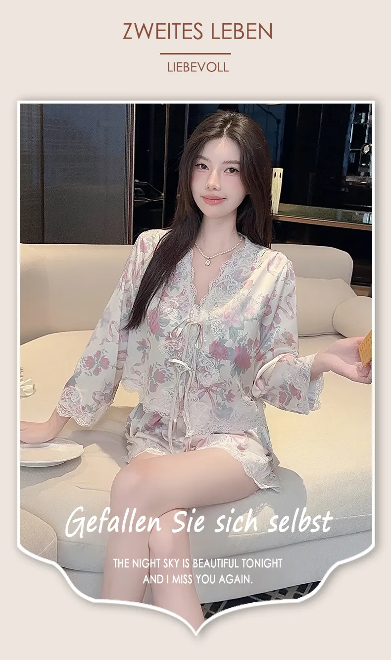 Live-streaming Bestseller Ice Silk Floral Pajamas Women's Pure Desire Style Rose Summer Slimming Wearable Outside Loungewear · Wholesale · OEM · Worldwide Shipping - Detail 14